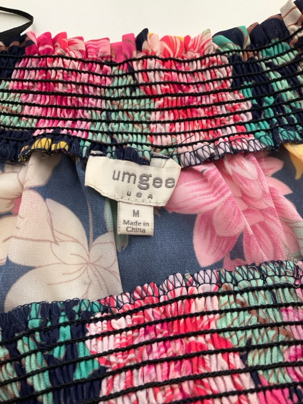 Umgee Medium Navy Floral Off-Shoulder Blouse with Pink, Yellow and Mint Accents - Picture 8 of 11